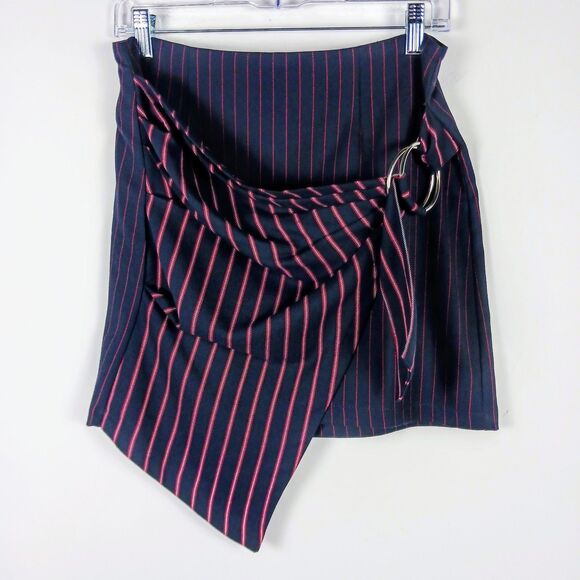 Bershka Mini Skirt Size L Blue Red Buckle Asymmetrical NWT - Picture 3 of 7